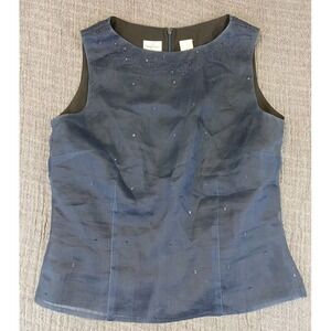 Emma James 100% Silk Tank Top Vest Navy Blue Women's Size 8 Embroidered Lined